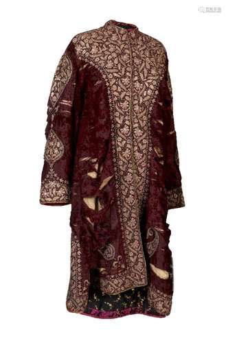 A purple velvet coat with gilt metal thread and sequined borders, India, early 19th century,