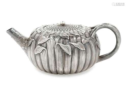 A Japanese Silver Chrysanthemum Teapot