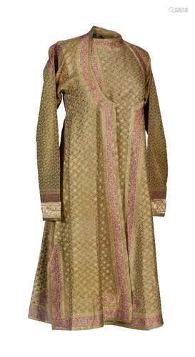 A man gilt metal thread embroidered silk robe, Benares, India, early 20th century, the green silk