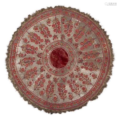 A Mughal velvet and gilt metal thread embroidered huqqa mat, India, 18th century, the red velvet