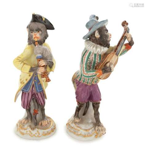 Two Meissen Porcelain Monkey Musicians