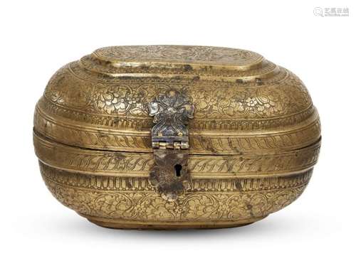 A Mughal brass lidded casket, Deccan, 18th century, of ovoid form, the domed lid rising in tiers,