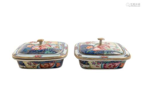 A Pair of Chinese Export Tobacco Leaf Porcelain Soap