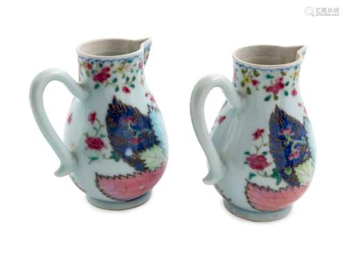 A Pair of Chinese Export Tobacco Leaf Porcelain Jugs