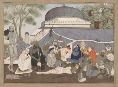 A modern Company School style painting of figures in an outdoor setting, India, 20th century,