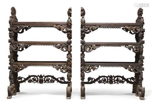 A pair of Anglo-Indian carved hardwood étagères, Bombay, 19th century, the sides with carved foliate