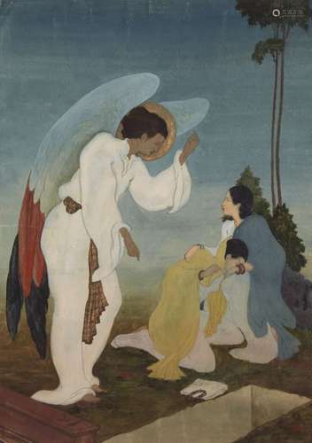 Bengal School, 1932, Angel with two grieving figures, ink and gouache on paper, signed with monogram