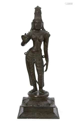 A bronze figure of the goddess Parvati, South India, late 19th century, on square plinth, shown