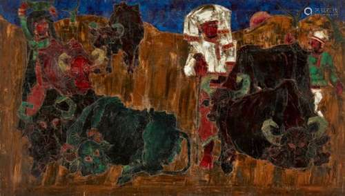 A.A. Khan, Bombay school, Untitled, Cows and Cowherds, circa 1965, oil on canvas, 106.5 x 62cm.