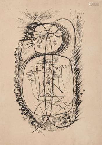 Laxman Pai, b. 1926, Untitled, 1966, pen and ink on paper mounted on card, signed in Hindi and '