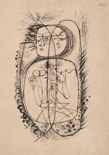 Laxman Pai, b. 1926, Untitled, 1966, pen and ink on paper mounted on card, signed in Hindi and '