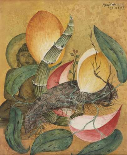 Manjumi, Still Life with Buddha, signed and dated 28 October 1947, pen, ink and watercolour,