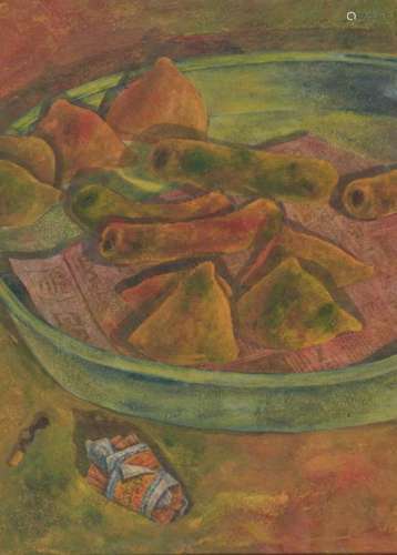 Radha Binod Sharma, Indian b.1964- Vegetables in a pan; acrylic on canvas laid down on board, 54.