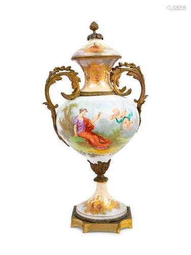 A Sevres Style Gilt Bronze Mounted Porcelain Urn