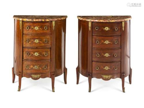 A Pair of Transitional Style Marquetry Side Cabinets