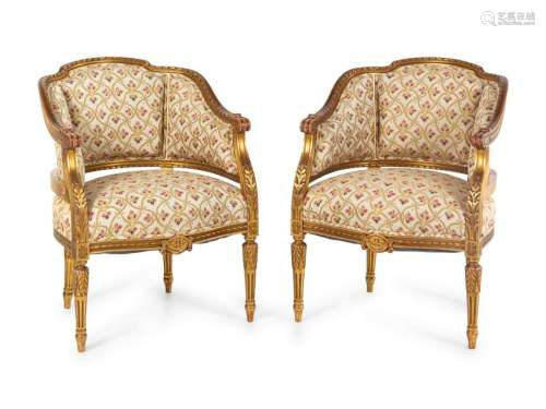 A Pair of Louis XVI Style Giltwood Bergeres