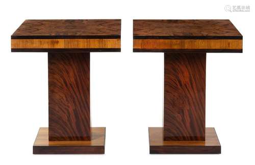 A Pair of Art Deco Burl Walnut and Lacquer Side Tables