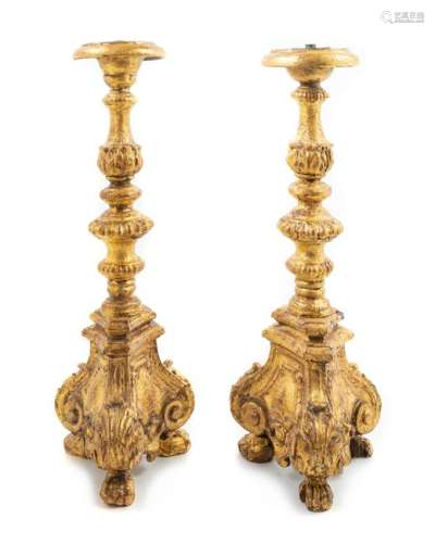 A Pair of Italian Giltwood Prickets