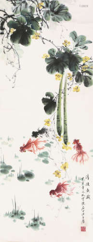 汪亚尘(1894-1983) 清波鱼戏 设色 纸本立轴