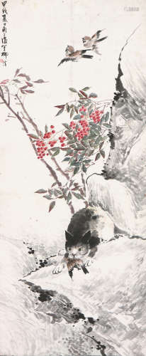 柳 滨(1887-1945) 猫石图 设色 纸本立轴