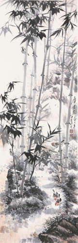 唐 云(1910-1993) 竹林飞雀 设色 纸本立轴