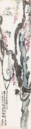 胡郯卿(1865-?) 紫滕翠鸟 设色 纸本立轴