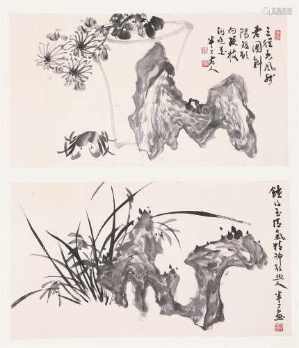 陈半丁(1876-1970) 花卉二桢 设色 纸本立轴