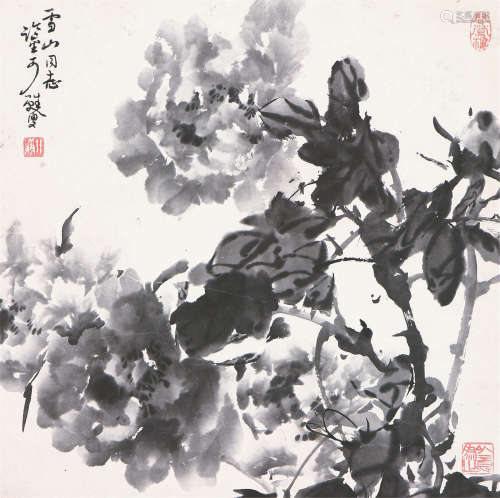 陆抑非(1908-1997) 墨牡丹 水墨 纸本立轴
