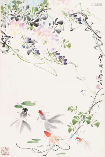 李行百(1926-2012) 紫滕游鱼 设色 纸本立轴
