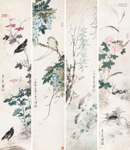 陈半丁(1876-1970) 花鸟四屏 设色 纸本镜片