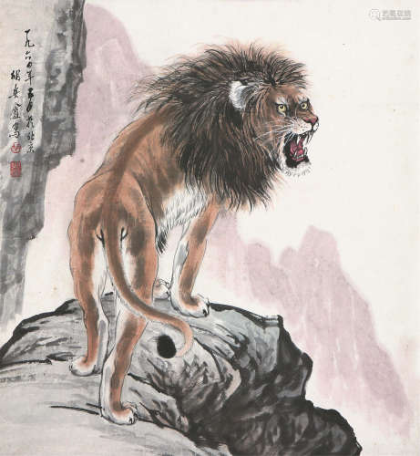 胡爽盦 (1916-1988) 雄狮 设色 纸本立轴