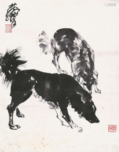 黄 胄(1925-1997) 双犬 设色 纸本立轴