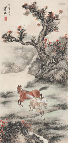溥 佐(1918-2001) 双骏 设色 绢本镜片