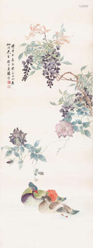 汤 恺(1892-?) 紫滕双鸳 设色 绢本立轴