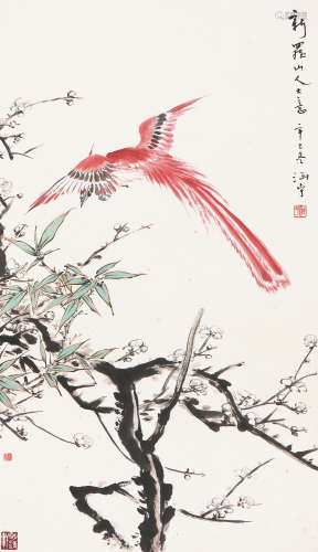 何涵宇(1910-2003) 双清飞鹊 设色 纸本立轴