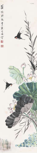 朱梦庐(1826-1900) 蒲塘野趣 设色 纸本立轴