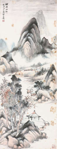 汪 琨(1877-1946) 烟雨山邨 设色 纸本镜片