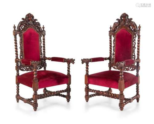 A Pair of Renaissance Revival Carved Open Armchairs