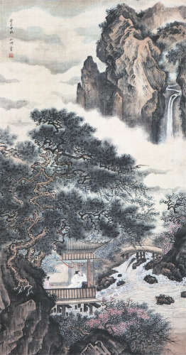 胡也佛(1908-1980) 观瀑图 设色 绢本立轴
