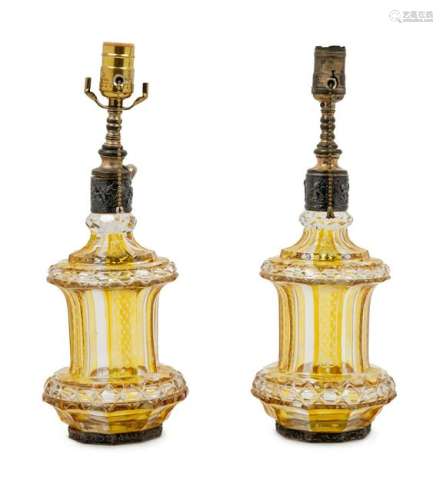 A Pair of Bohemian Amber Cut to Clear Glass Jars