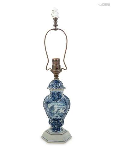 A Delft Vase and Cover Mounted as a Lamp Height overall