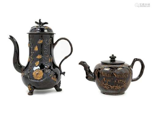 A Staffordshire or Lancashire Blackware Teapot and a