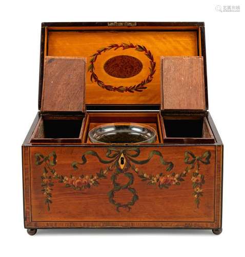 An Edwardian Painted Satinwood Tea Caddy