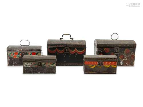 Five Polychrome Decorated Tole Boxes