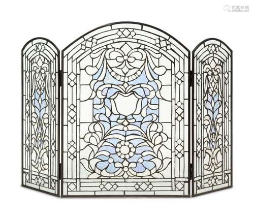 A Leaded and Jeweled Glass Fire Screen