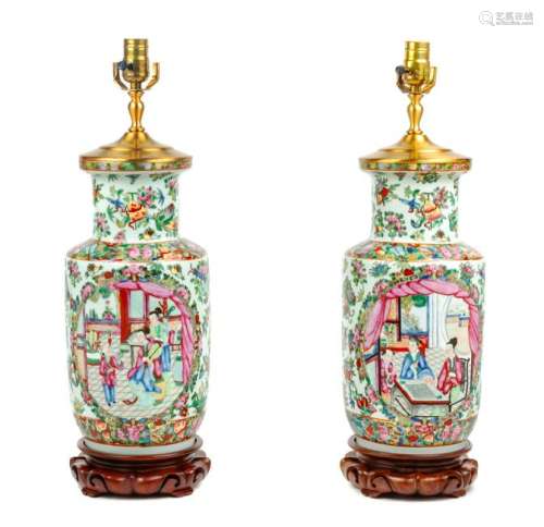 A Pair of Famille Rose Porcelain Jars Mounted as Lamps