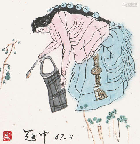 吴冠中(1919-2010) 汲水图 设色 纸本镜片