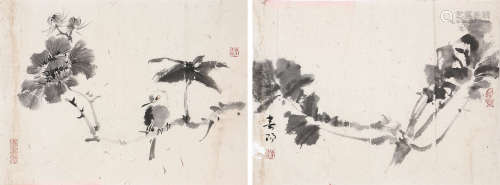霍春阳(b.1946) 花鸟二桢 设色 纸本镜片
