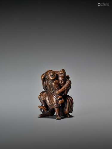 WOOD NETSUKE OF TADAMORI WITH THE OIL THIEF