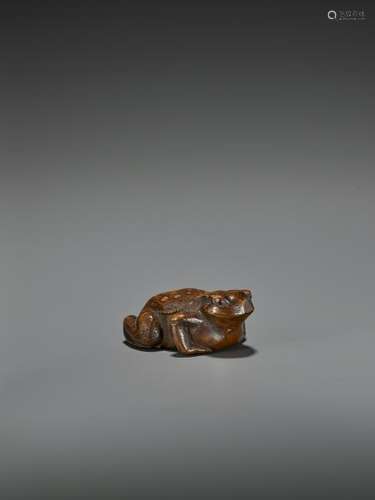 A LARGE WOOD NETSUKE OF A TOAD